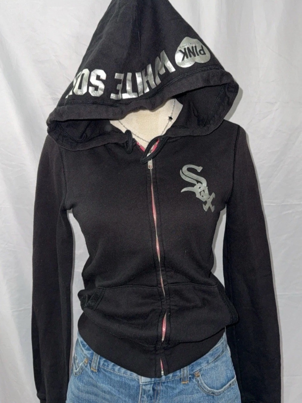 PINK Victoria's Secret Black Zip Hoodie with Silver Logo white Sox